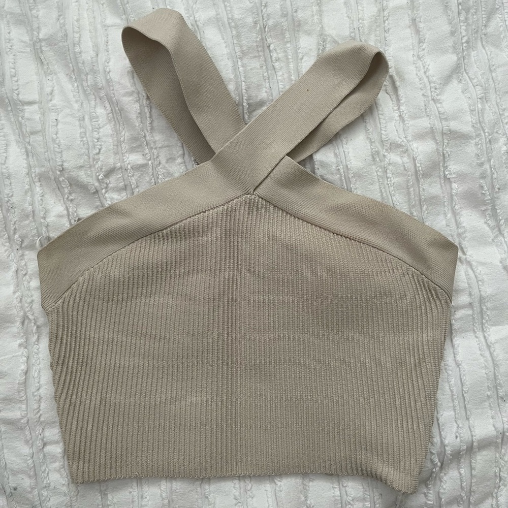 Aritzia Beige Cross-Back sculpt knit Ribbed Crop Top